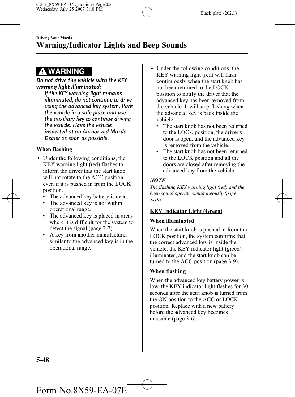 Warning/indicator lights and beep sounds, Warning | Mazda 2008 CX-7 User Manual | Page 202 / 502