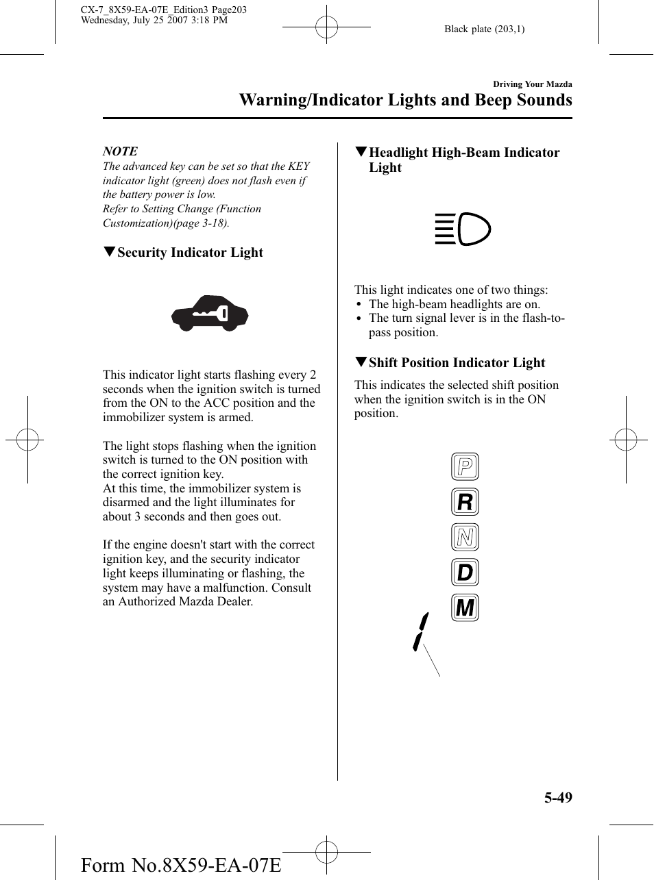 Warning/indicator lights and beep sounds | Mazda 2008 CX-7 User Manual | Page 203 / 502