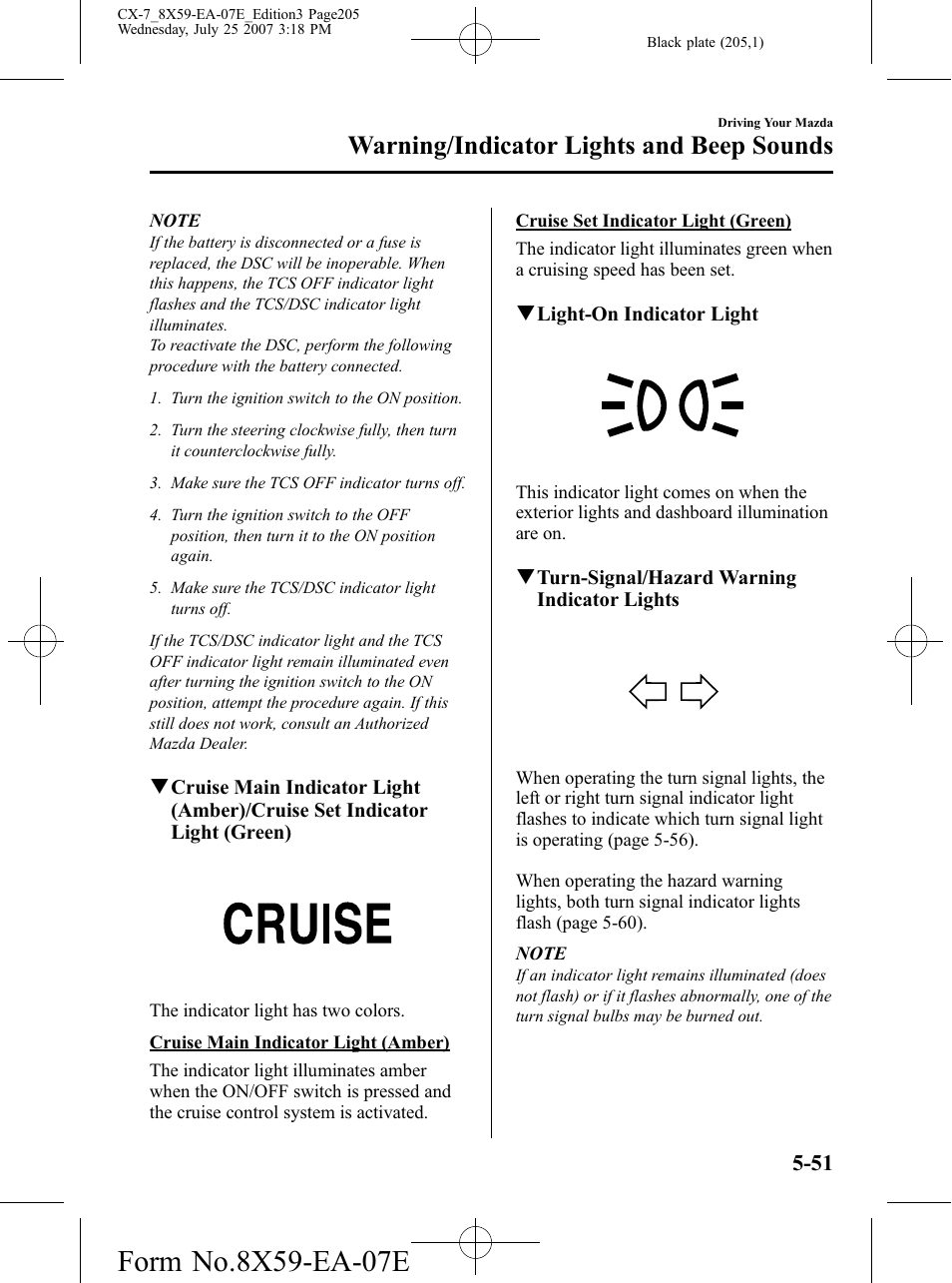 Warning/indicator lights and beep sounds | Mazda 2008 CX-7 User Manual | Page 205 / 502