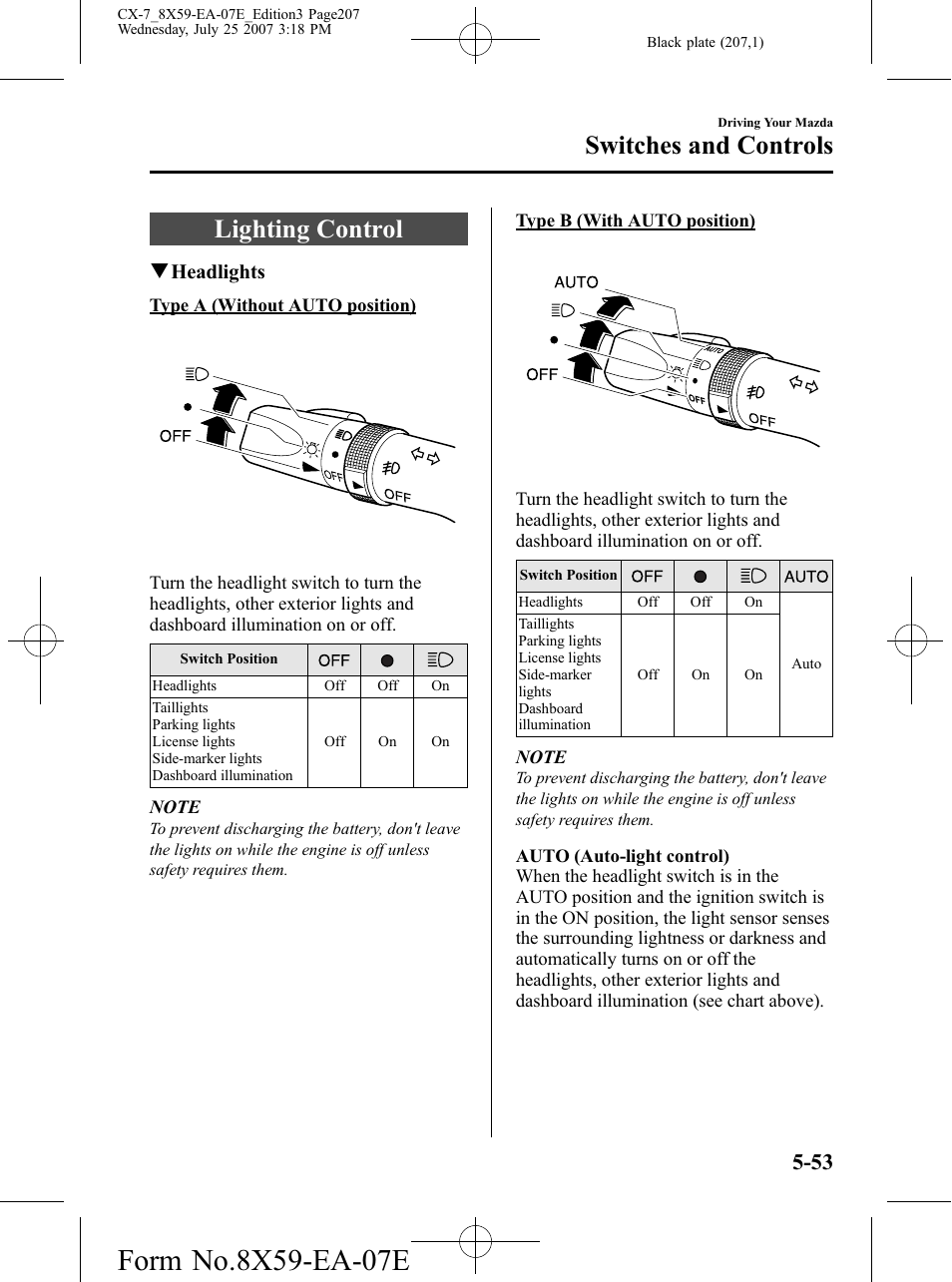Switches and controls, Lighting control, Switches and controls -53 | Lighting control -53 | Mazda 2008 CX-7 User Manual | Page 207 / 502