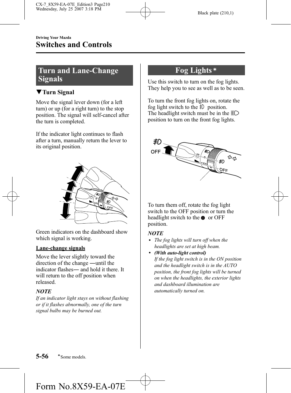 Turn and lane-change signals, Fog lights, Turn and lane-change signals -56 fog lights | Switches and controls | Mazda 2008 CX-7 User Manual | Page 210 / 502