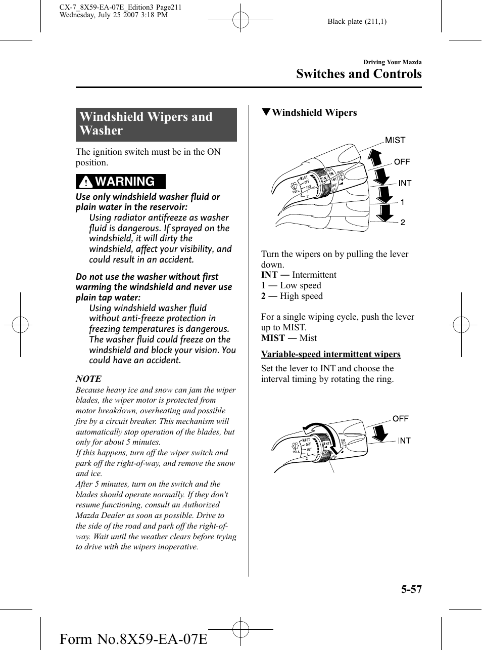Windshield wipers and washer, Windshield wipers and washer -57, Switches and controls | Warning | Mazda 2008 CX-7 User Manual | Page 211 / 502