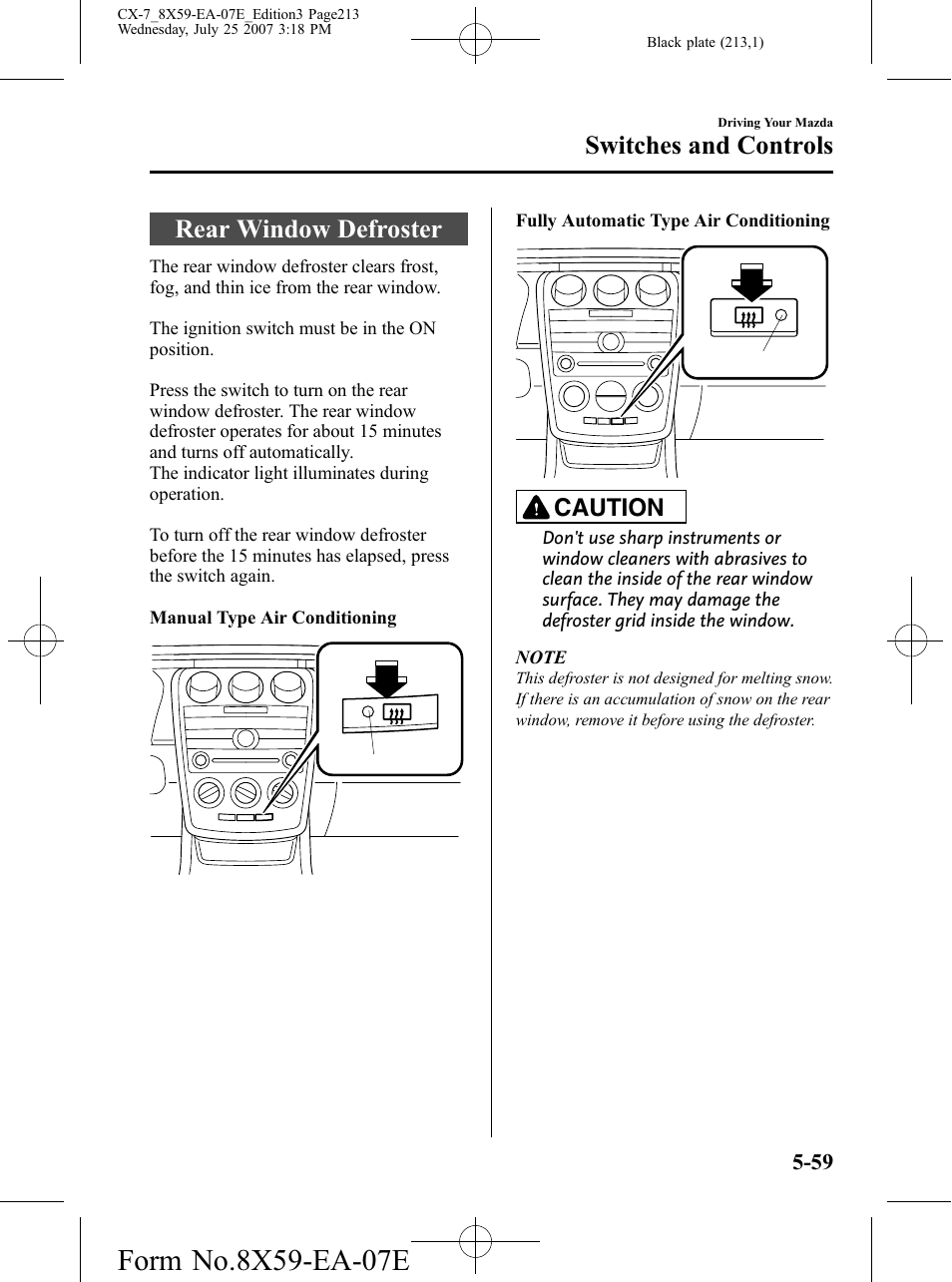 Rear window defroster, Rear window defroster -59, Switches and controls | Caution | Mazda 2008 CX-7 User Manual | Page 213 / 502