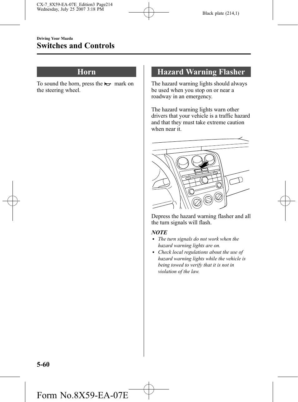 Horn, Hazard warning flasher, Horn -60 hazard warning flasher -60 | Switches and controls | Mazda 2008 CX-7 User Manual | Page 214 / 502