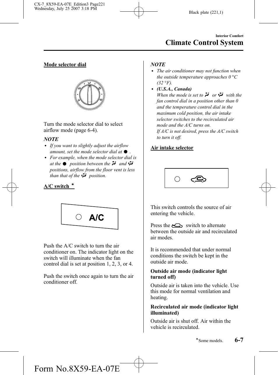 Climate control system | Mazda 2008 CX-7 User Manual | Page 221 / 502