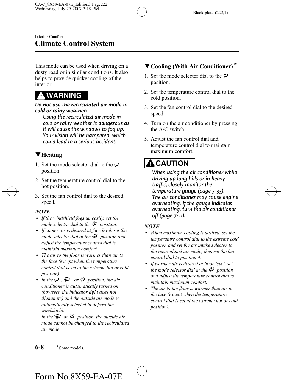 Climate control system, Warning, Caution | Qheating, Qcooling (with air conditioner) | Mazda 2008 CX-7 User Manual | Page 222 / 502