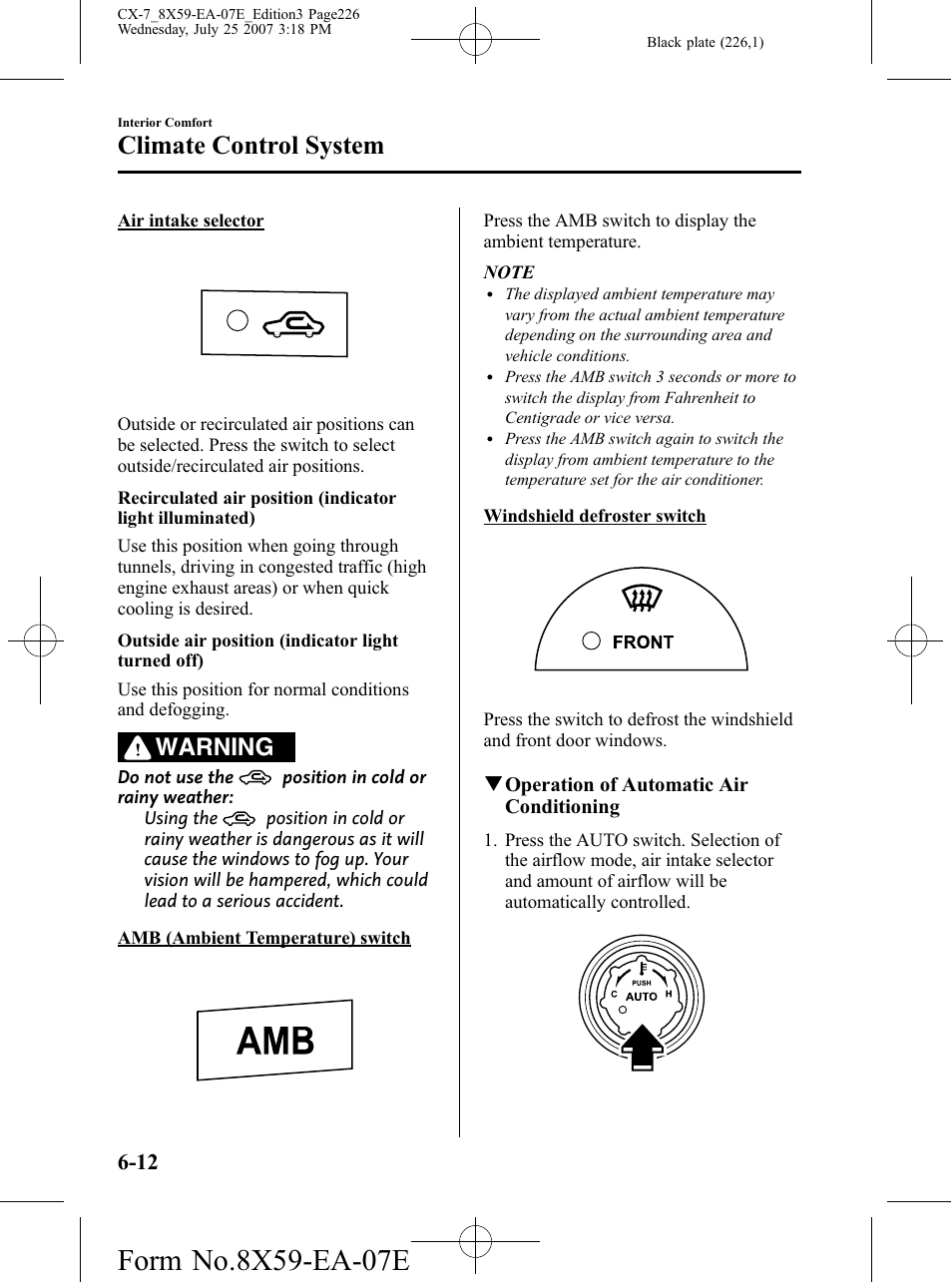 Climate control system, Warning | Mazda 2008 CX-7 User Manual | Page 226 / 502