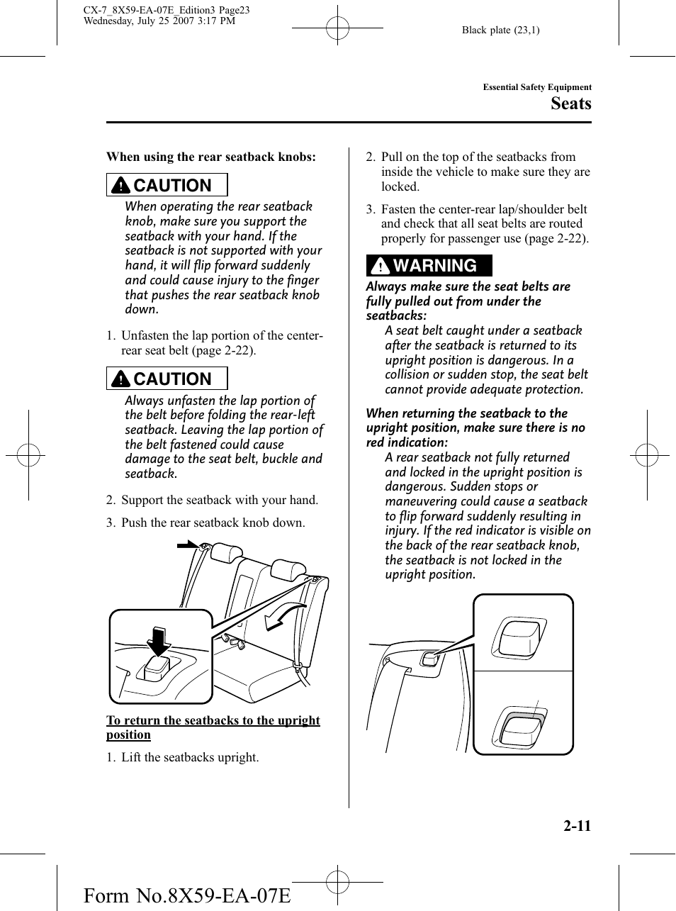 Seats, Caution, Warning | Mazda 2008 CX-7 User Manual | Page 23 / 502