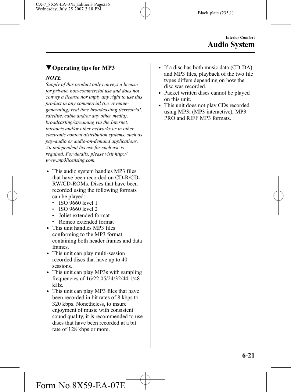 Audio system, Qoperating tips for mp3 | Mazda 2008 CX-7 User Manual | Page 235 / 502