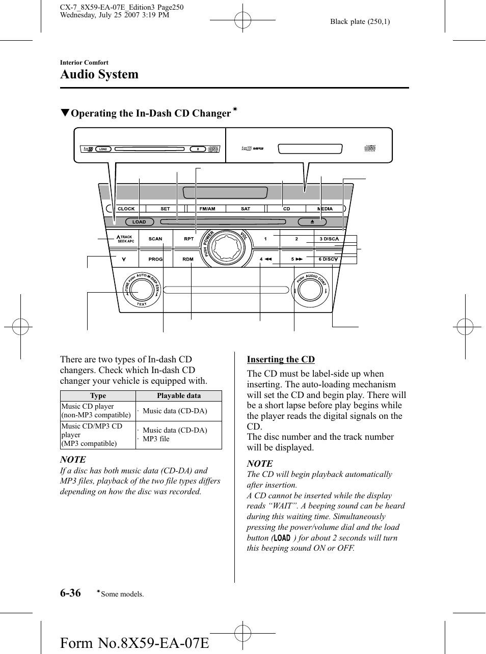 Audio system, Qoperating the in-dash cd changer | Mazda 2008 CX-7 User Manual | Page 250 / 502