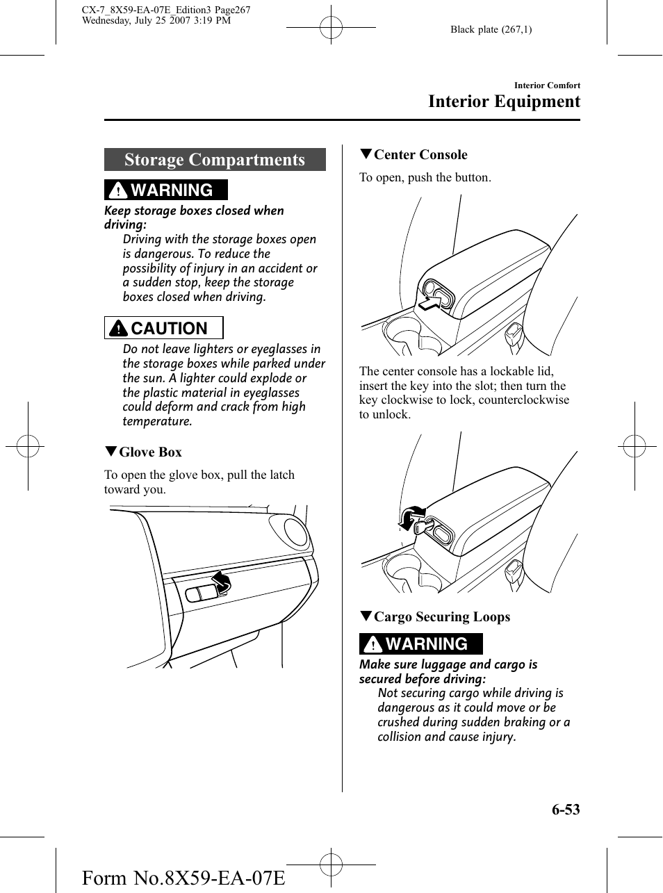Storage compartments, Storage compartments -53, Interior equipment | Warning, Caution | Mazda 2008 CX-7 User Manual | Page 267 / 502