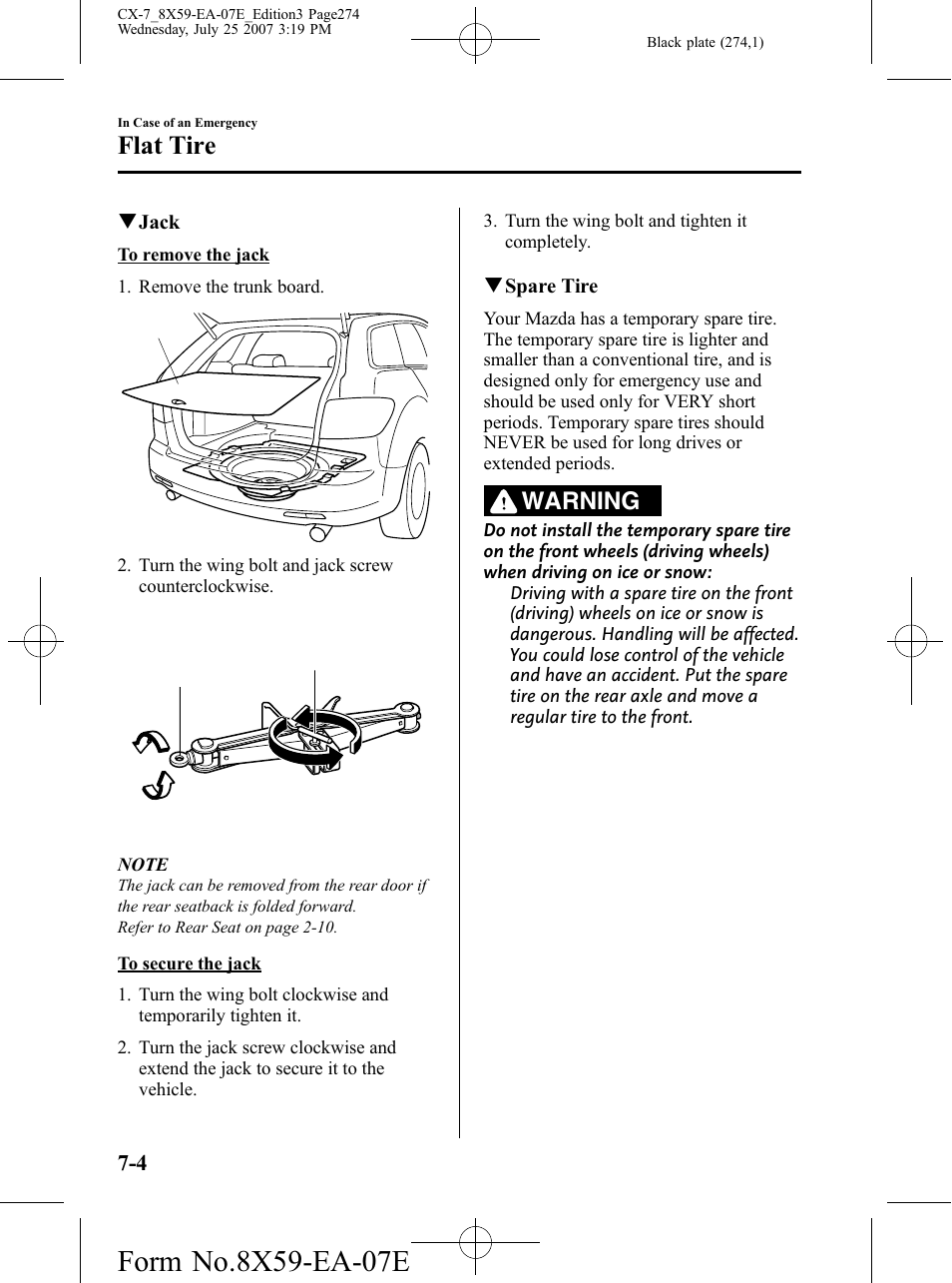 Flat tire, Warning | Mazda 2008 CX-7 User Manual | Page 274 / 502