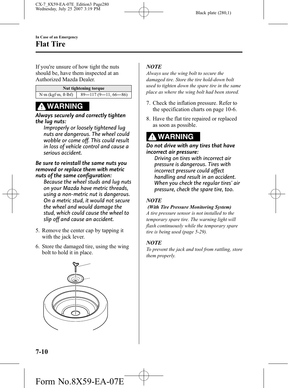 Flat tire, Warning | Mazda 2008 CX-7 User Manual | Page 280 / 502