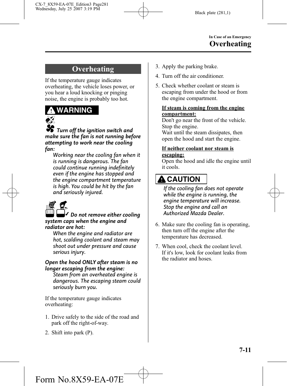 Overheating, Overheating -11, Warning | Caution | Mazda 2008 CX-7 User Manual | Page 281 / 502