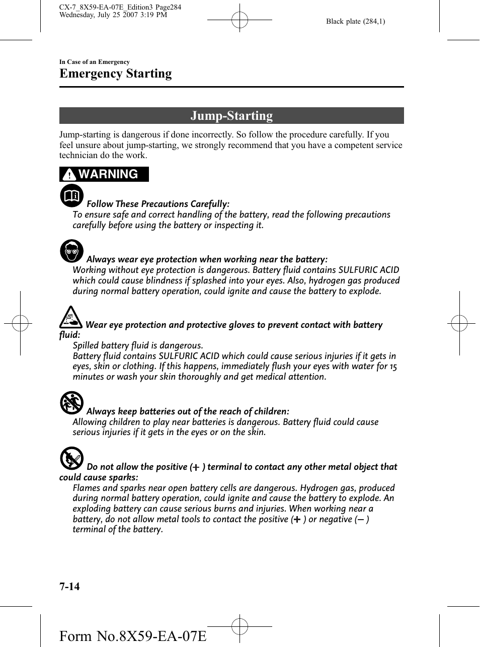 Jump-starting, Jump-starting -14, Emergency starting | Warning | Mazda 2008 CX-7 User Manual | Page 284 / 502