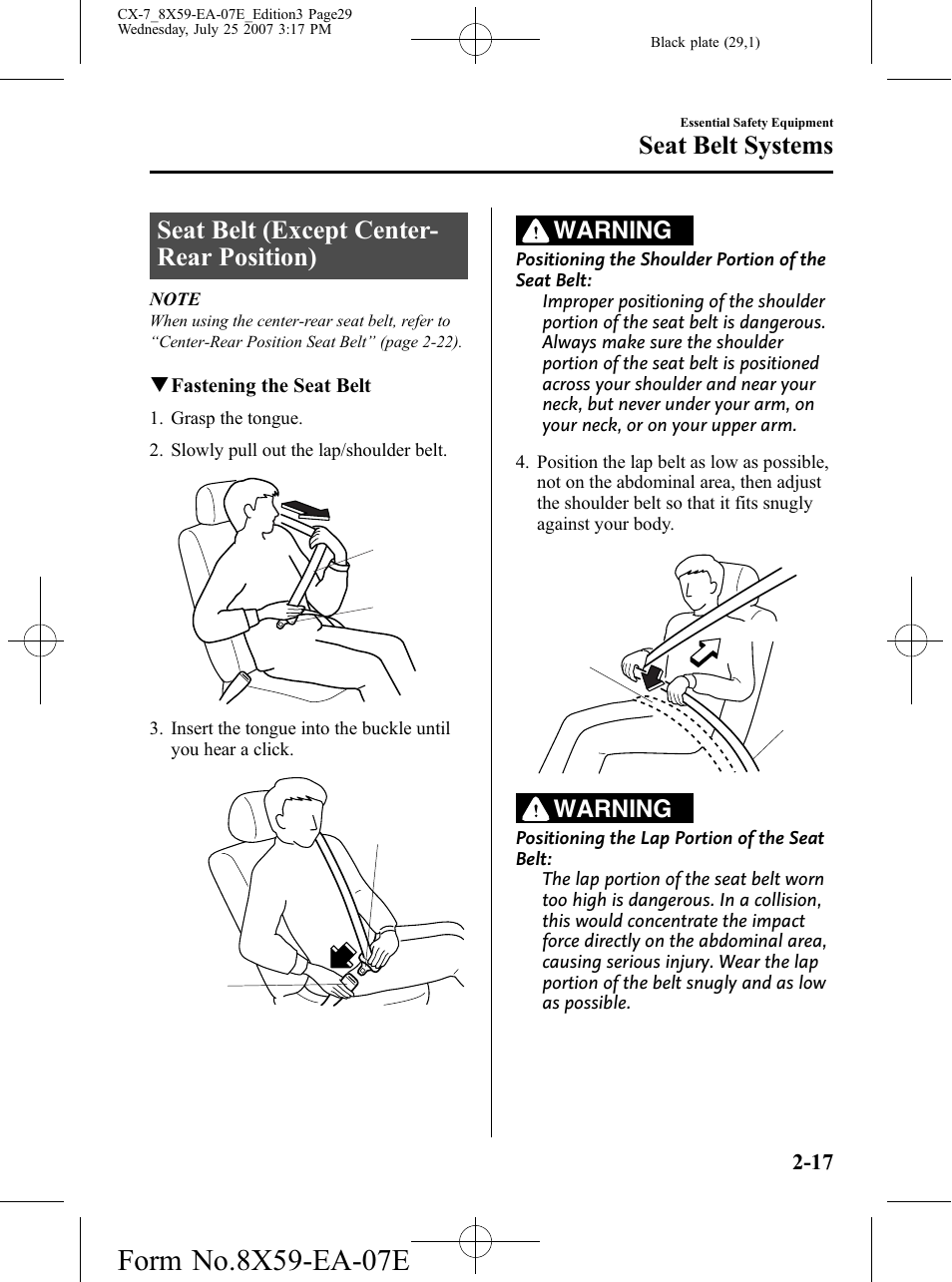 Seat belt (except center-rear position), Seat belt (except center-rear position) -17, Seat belt (except center- rear position) | Seat belt systems, Warning | Mazda 2008 CX-7 User Manual | Page 29 / 502