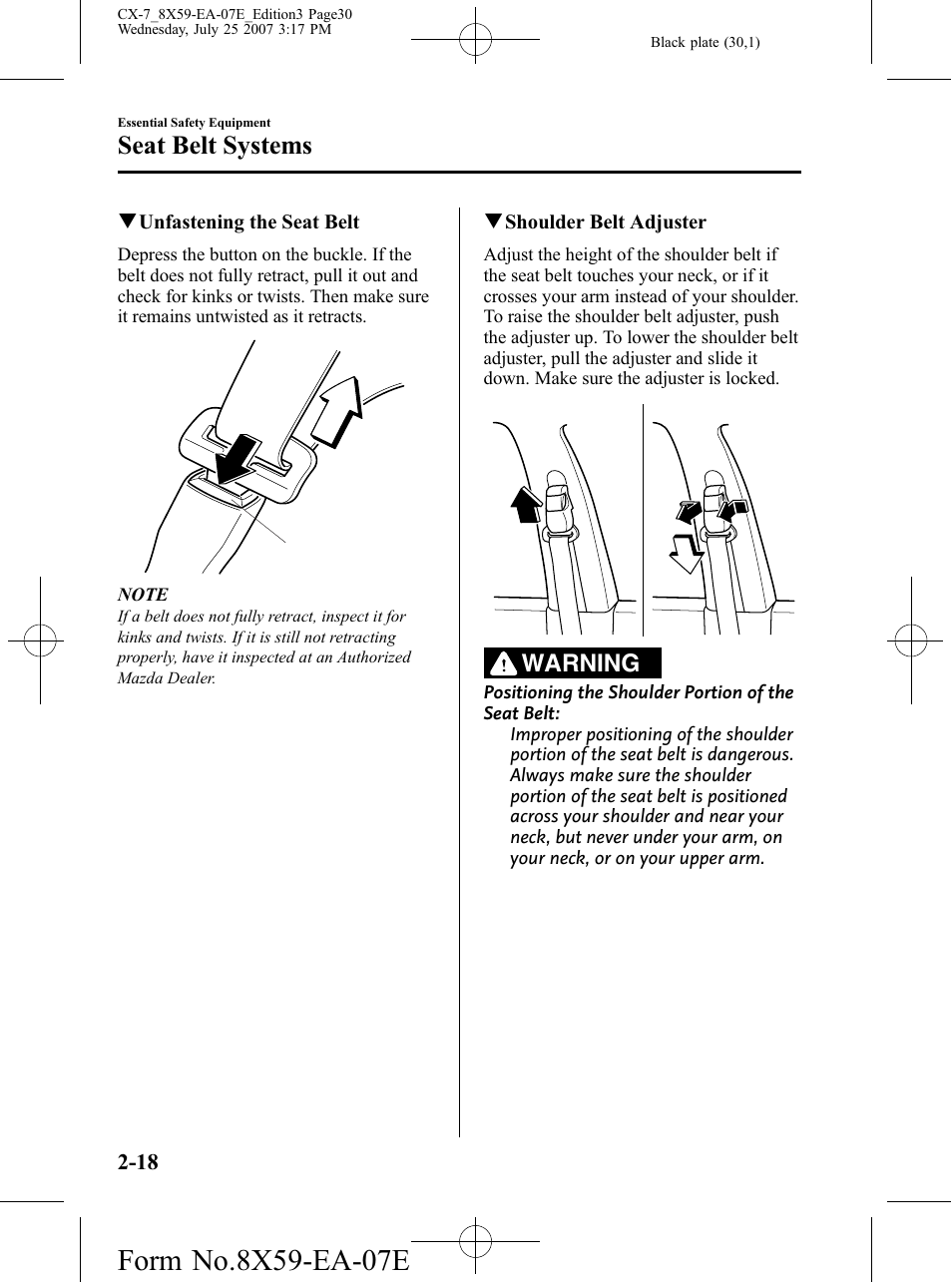 Seat belt systems, Warning | Mazda 2008 CX-7 User Manual | Page 30 / 502