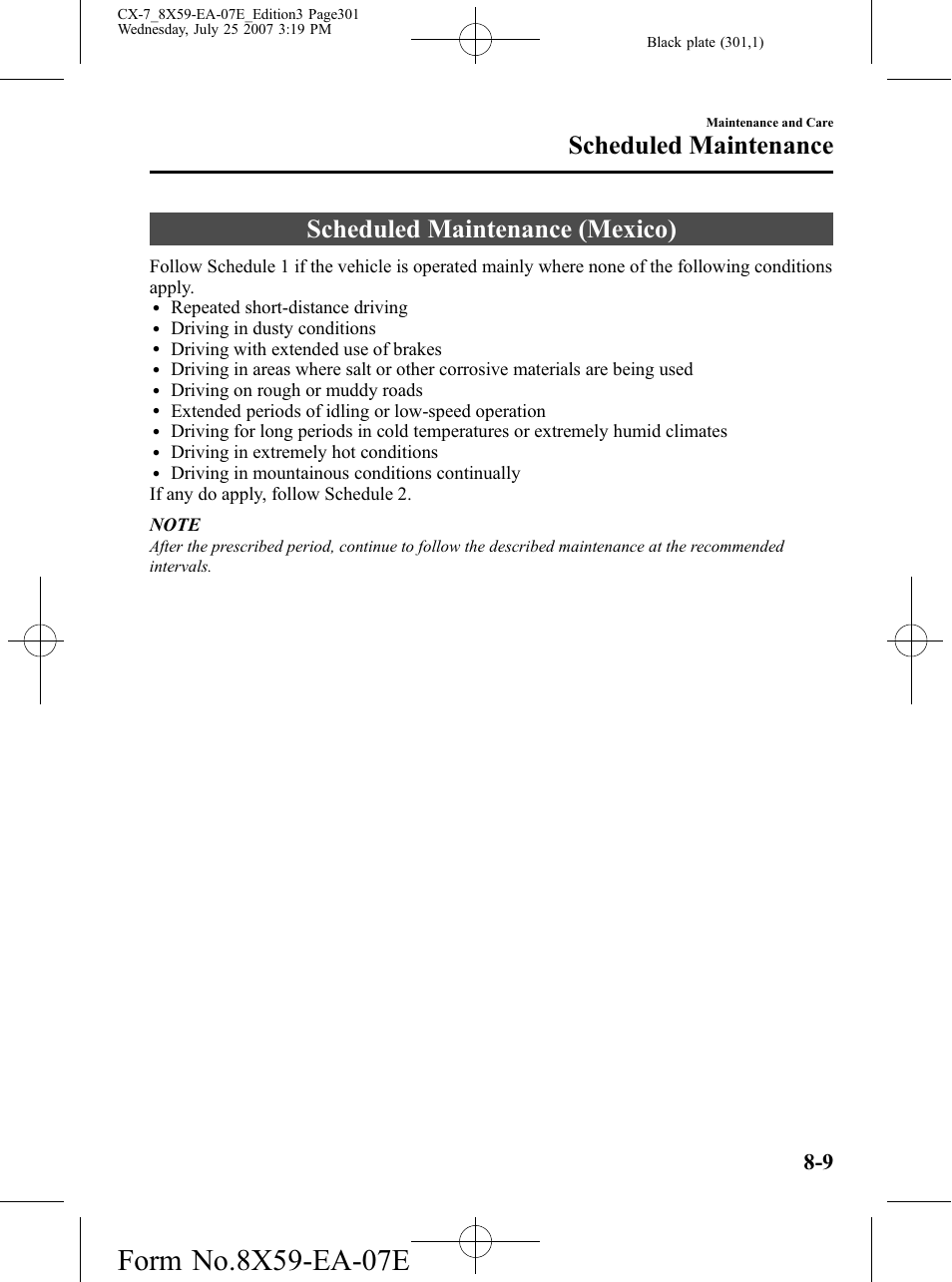 Scheduled maintenance (mexico), Scheduled maintenance (mexico) -9, Scheduled maintenance | Mazda 2008 CX-7 User Manual | Page 301 / 502