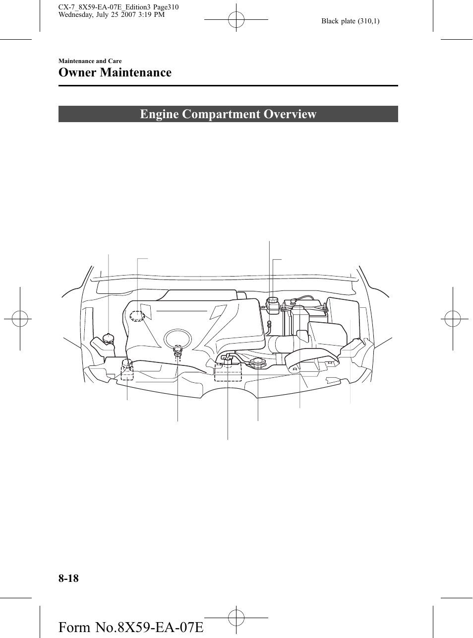 Engine compartment overview, Engine compartment overview -18, Owner maintenance | Mazda 2008 CX-7 User Manual | Page 310 / 502