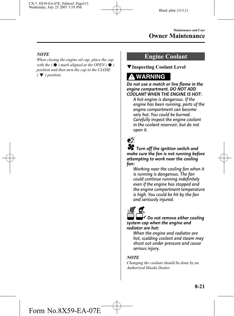 Engine coolant, Engine coolant -21, Owner maintenance | Warning | Mazda 2008 CX-7 User Manual | Page 313 / 502