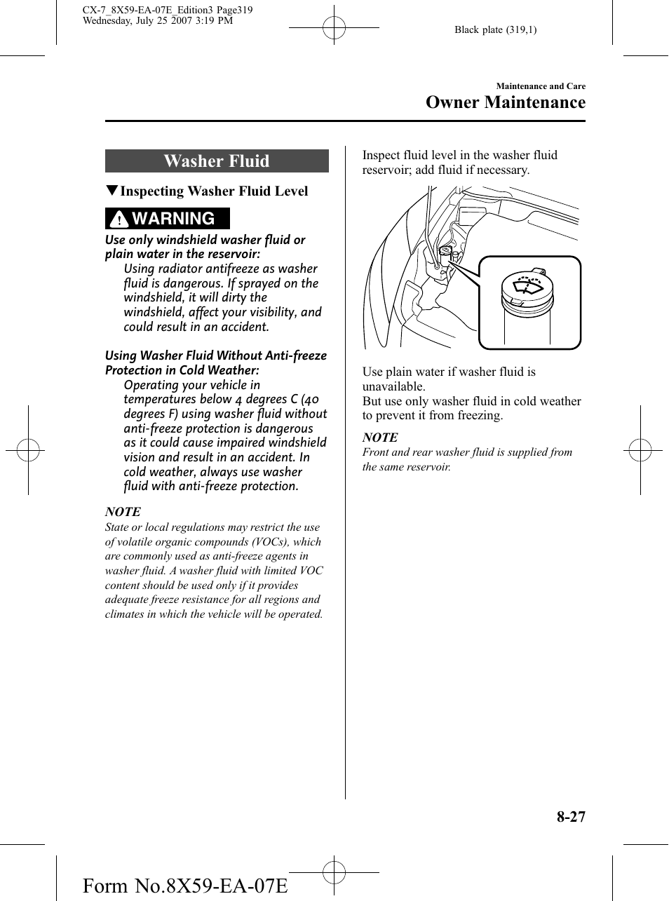 Washer fluid, Washer fluid -27, Owner maintenance | Warning | Mazda 2008 CX-7 User Manual | Page 319 / 502