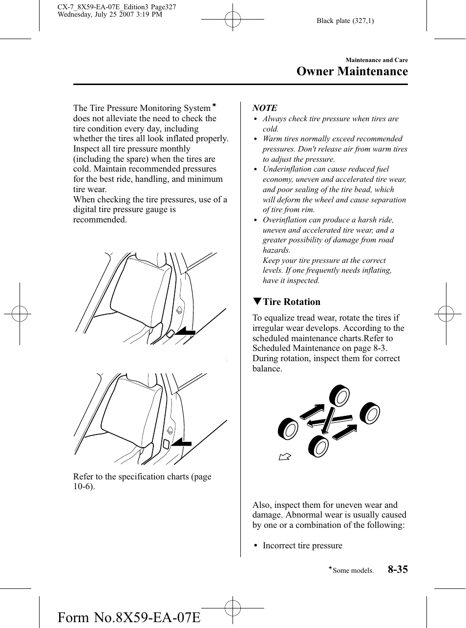 Owner maintenance, Qtire rotation | Mazda 2008 CX-7 User Manual | Page 327 / 502