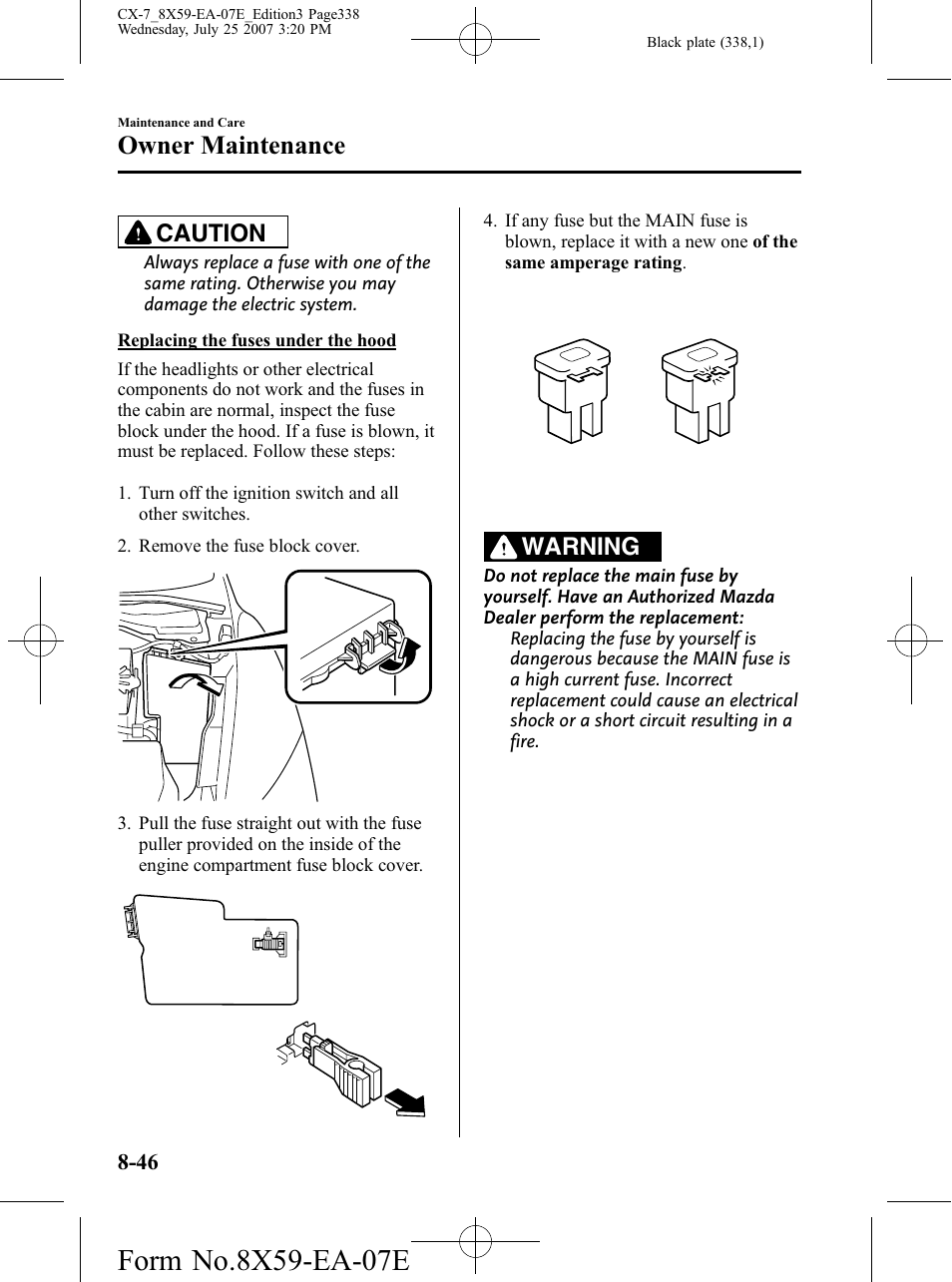 Owner maintenance, Caution, Warning | Mazda 2008 CX-7 User Manual | Page 338 / 502