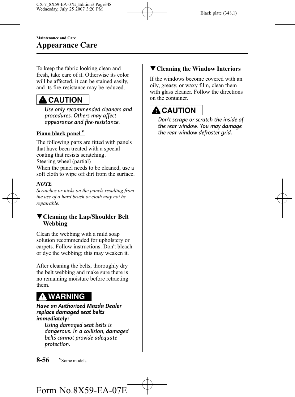 Appearance care, Caution, Warning | Mazda 2008 CX-7 User Manual | Page 348 / 502
