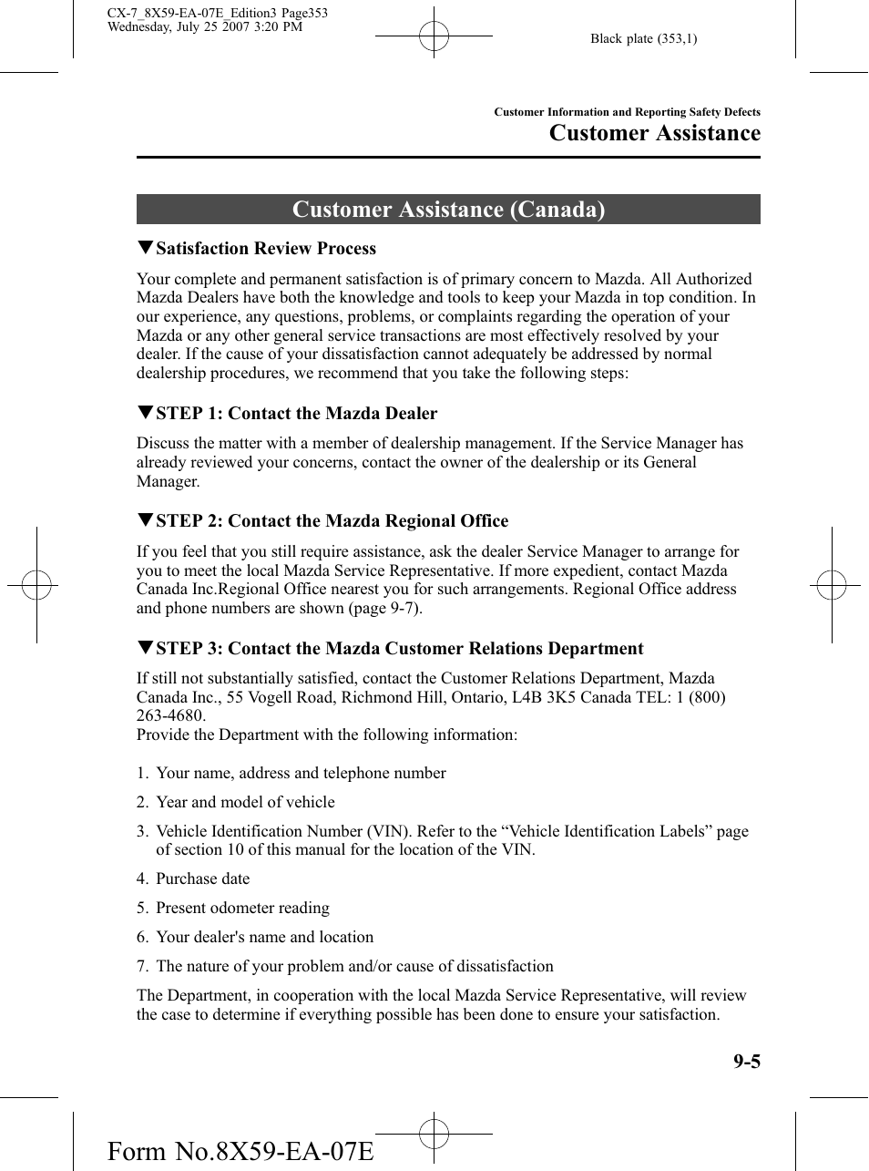 Customer assistance (canada), Customer assistance (canada) -5, Customer assistance | Mazda 2008 CX-7 User Manual | Page 353 / 502