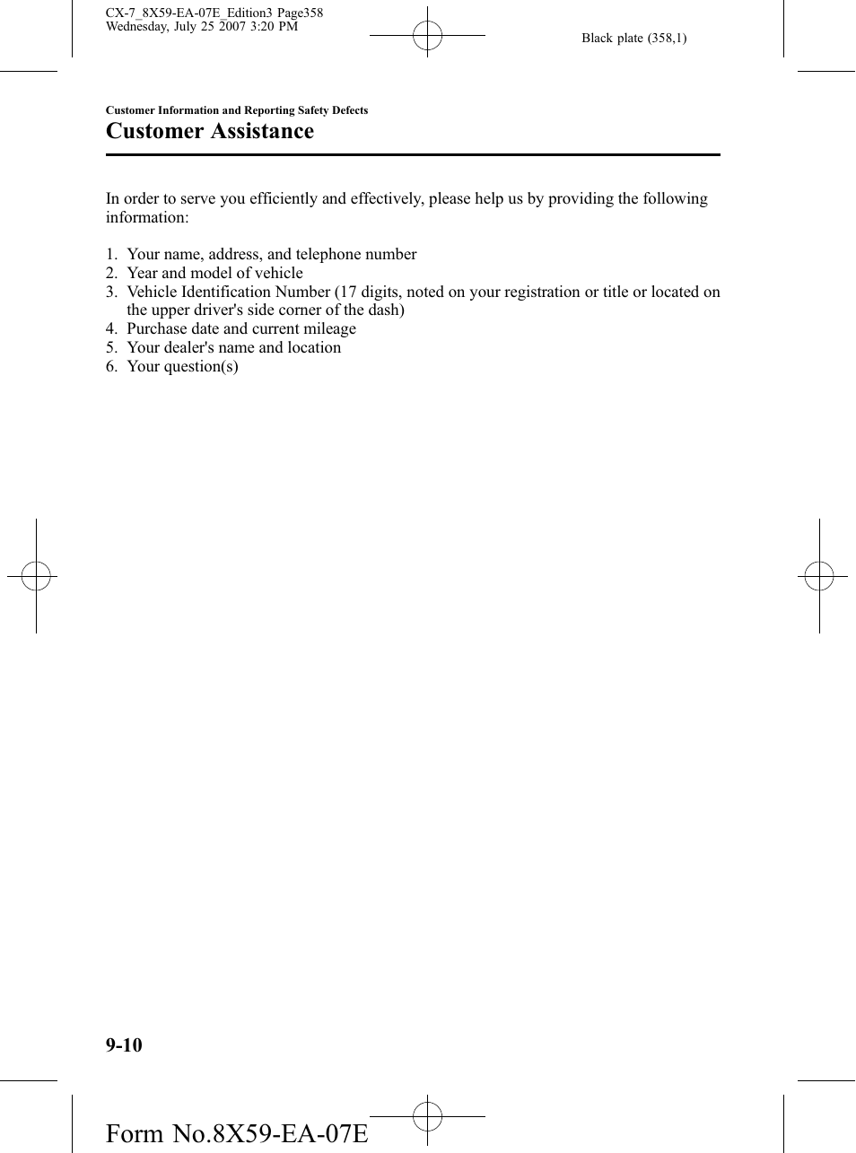Customer assistance | Mazda 2008 CX-7 User Manual | Page 358 / 502