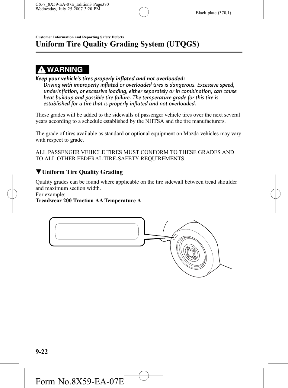Uniform tire quality grading system (utqgs), Warning | Mazda 2008 CX-7 User Manual | Page 370 / 502