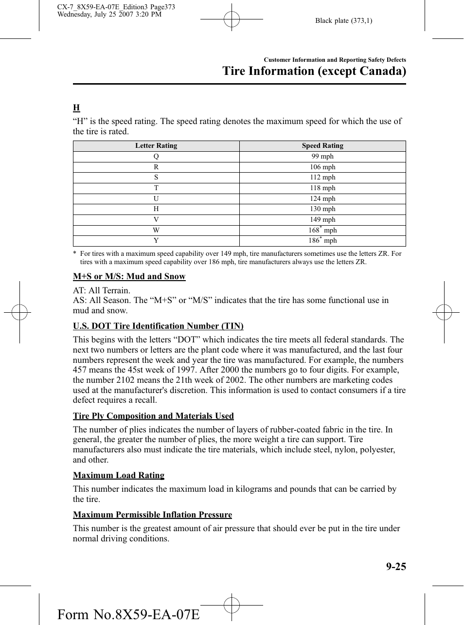 Tire information (except canada) | Mazda 2008 CX-7 User Manual | Page 373 / 502