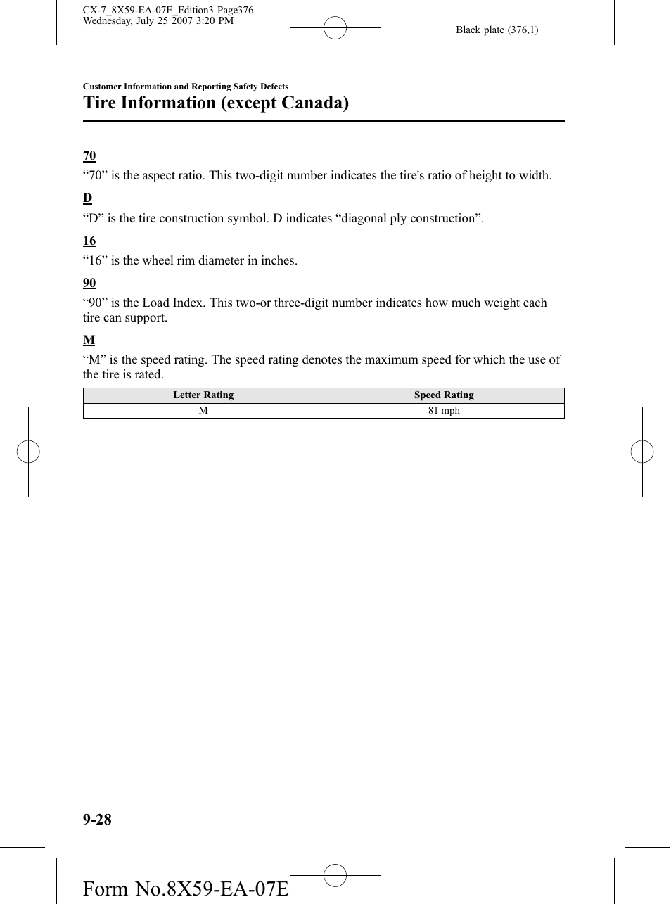Tire information (except canada) | Mazda 2008 CX-7 User Manual | Page 376 / 502