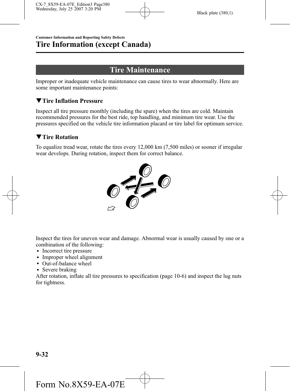 Tire maintenance, Tire maintenance -32, Tire information (except canada) | Mazda 2008 CX-7 User Manual | Page 380 / 502