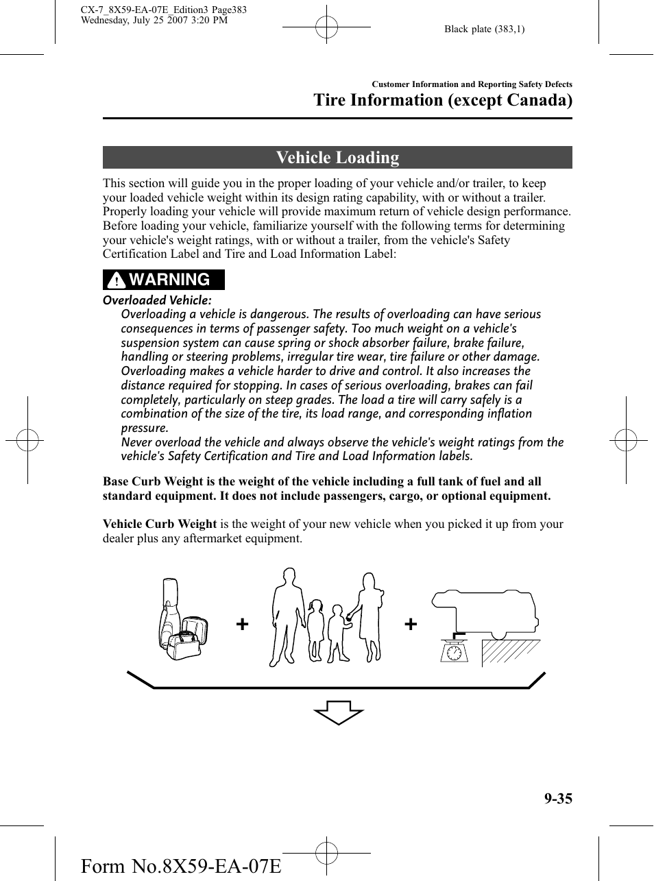 Vehicle loading, Vehicle loading -35, Payload | Tire information (except canada), Warning | Mazda 2008 CX-7 User Manual | Page 383 / 502