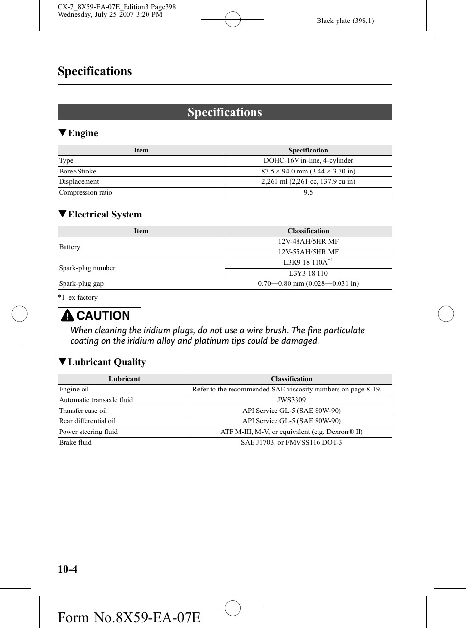 Specifications, Specifications -4, Caution | Qengine, Qelectrical system, Qlubricant quality | Mazda 2008 CX-7 User Manual | Page 398 / 502