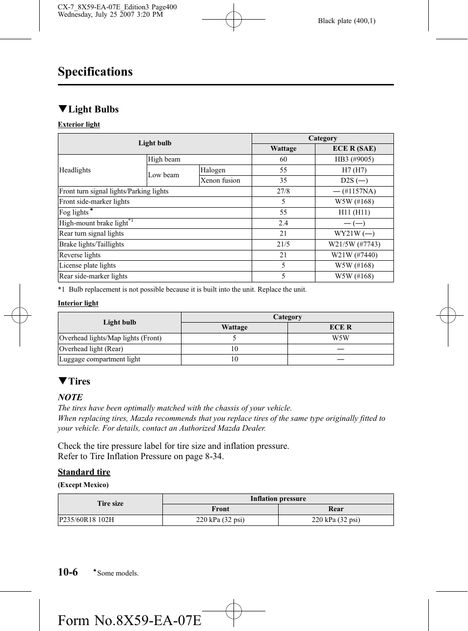 Specifications, Qlight bulbs, Qtires | Mazda 2008 CX-7 User Manual | Page 400 / 502