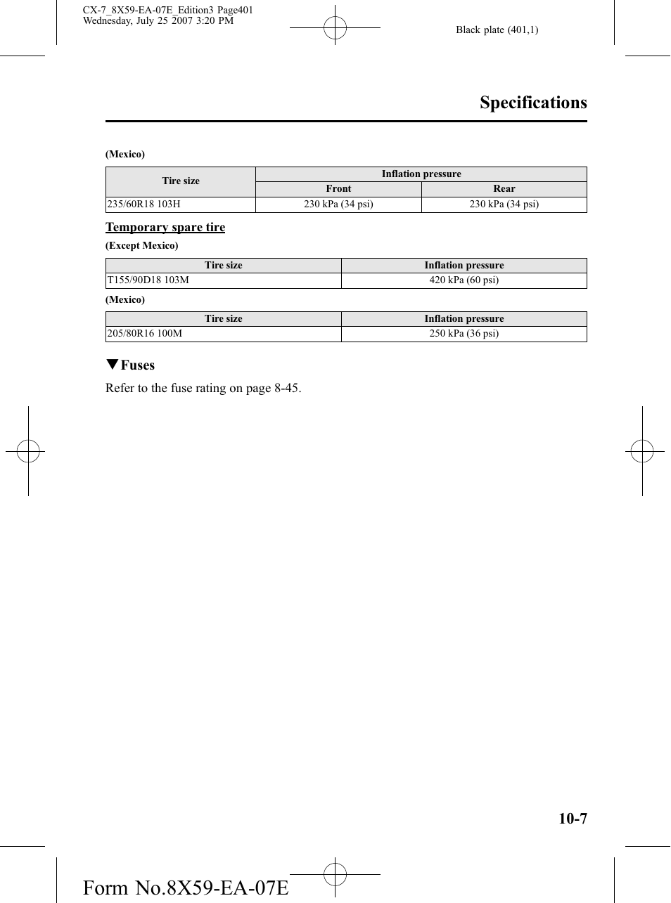 Specifications | Mazda 2008 CX-7 User Manual | Page 401 / 502