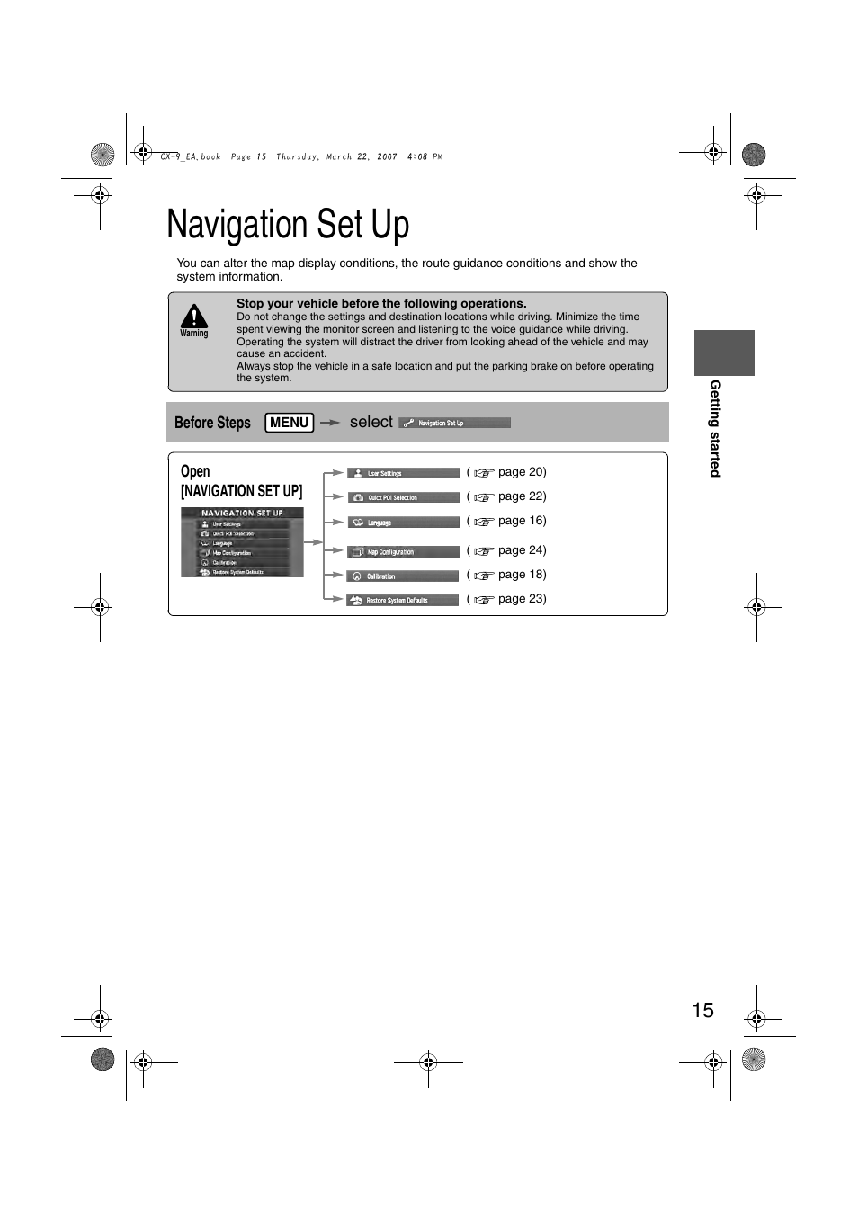 Navigation set up, Before steps select, Open [navigation set up | Mazda 2008 CX-7 User Manual | Page 425 / 502