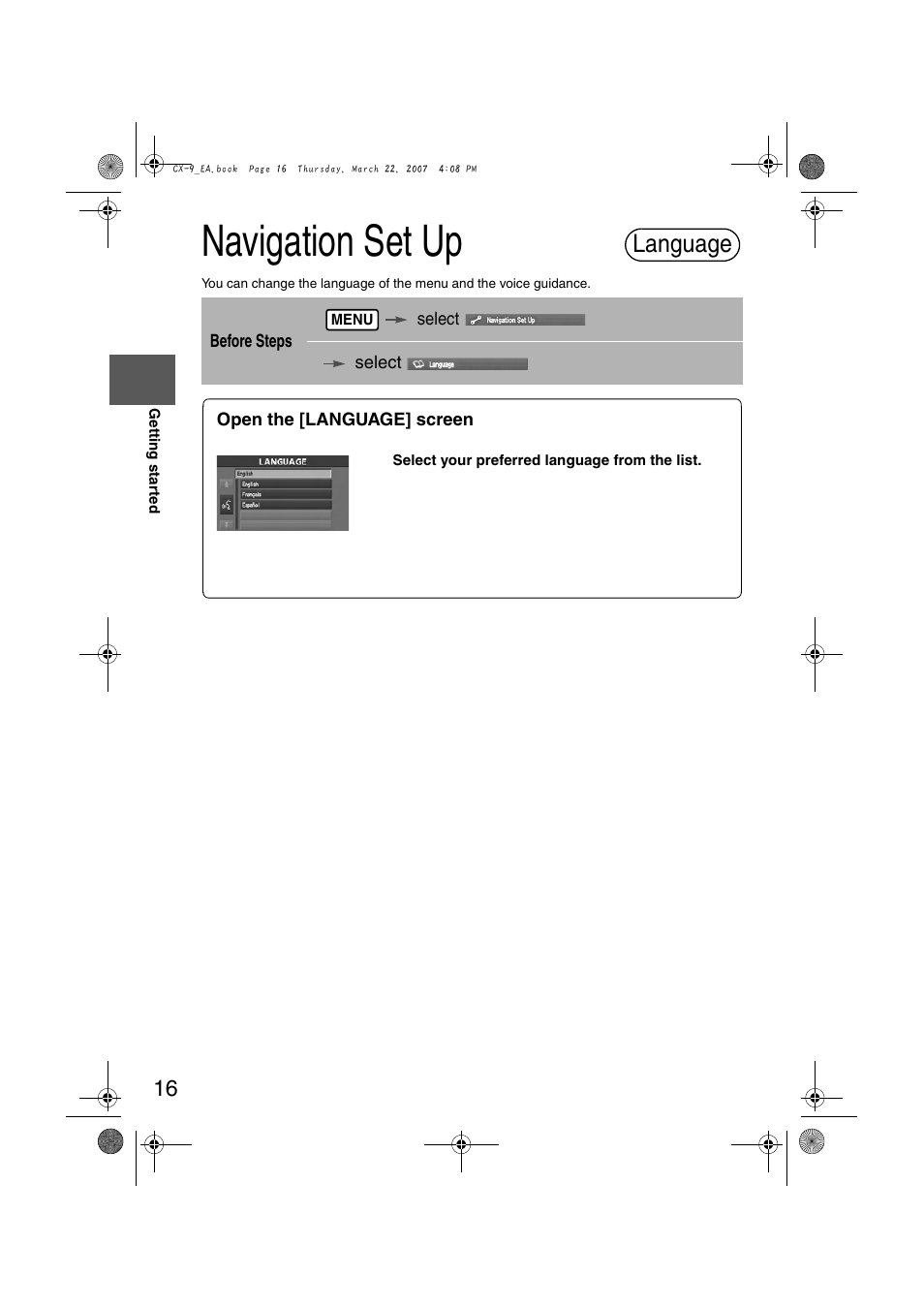 Navigation set up, Language | Mazda 2008 CX-7 User Manual | Page 426 / 502