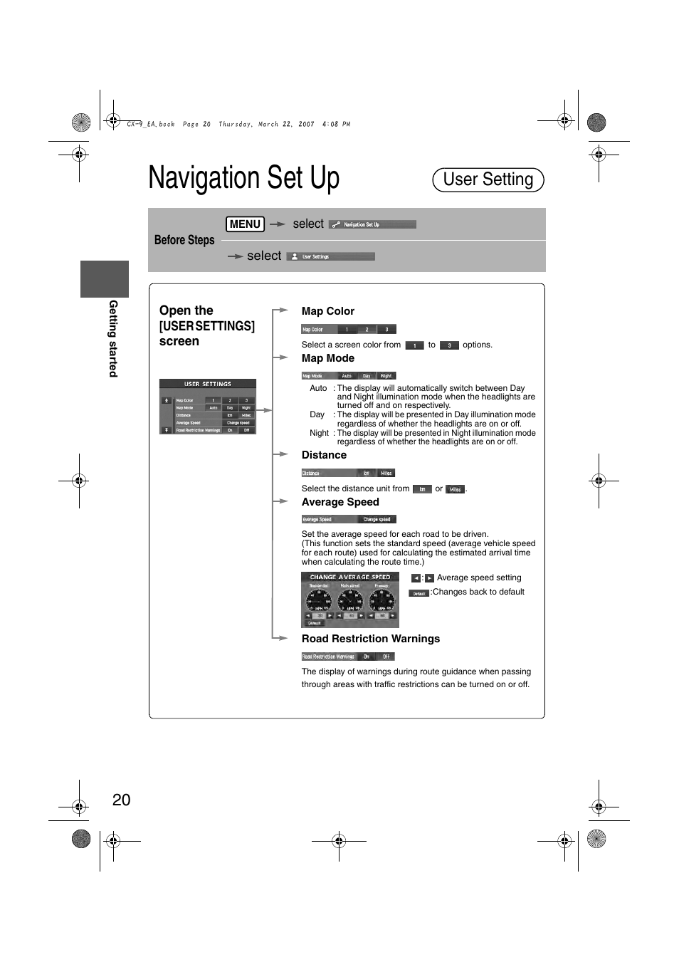 Navigation set up, User setting, Before steps select select | Open the [user settings] screen n | Mazda 2008 CX-7 User Manual | Page 430 / 502