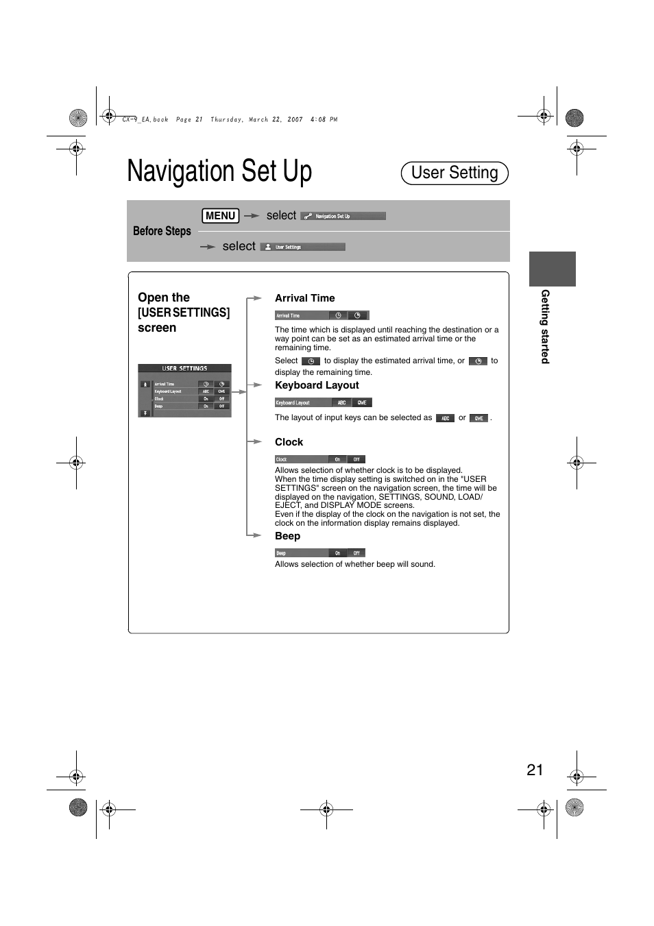 Navigation set up, User setting | Mazda 2008 CX-7 User Manual | Page 431 / 502