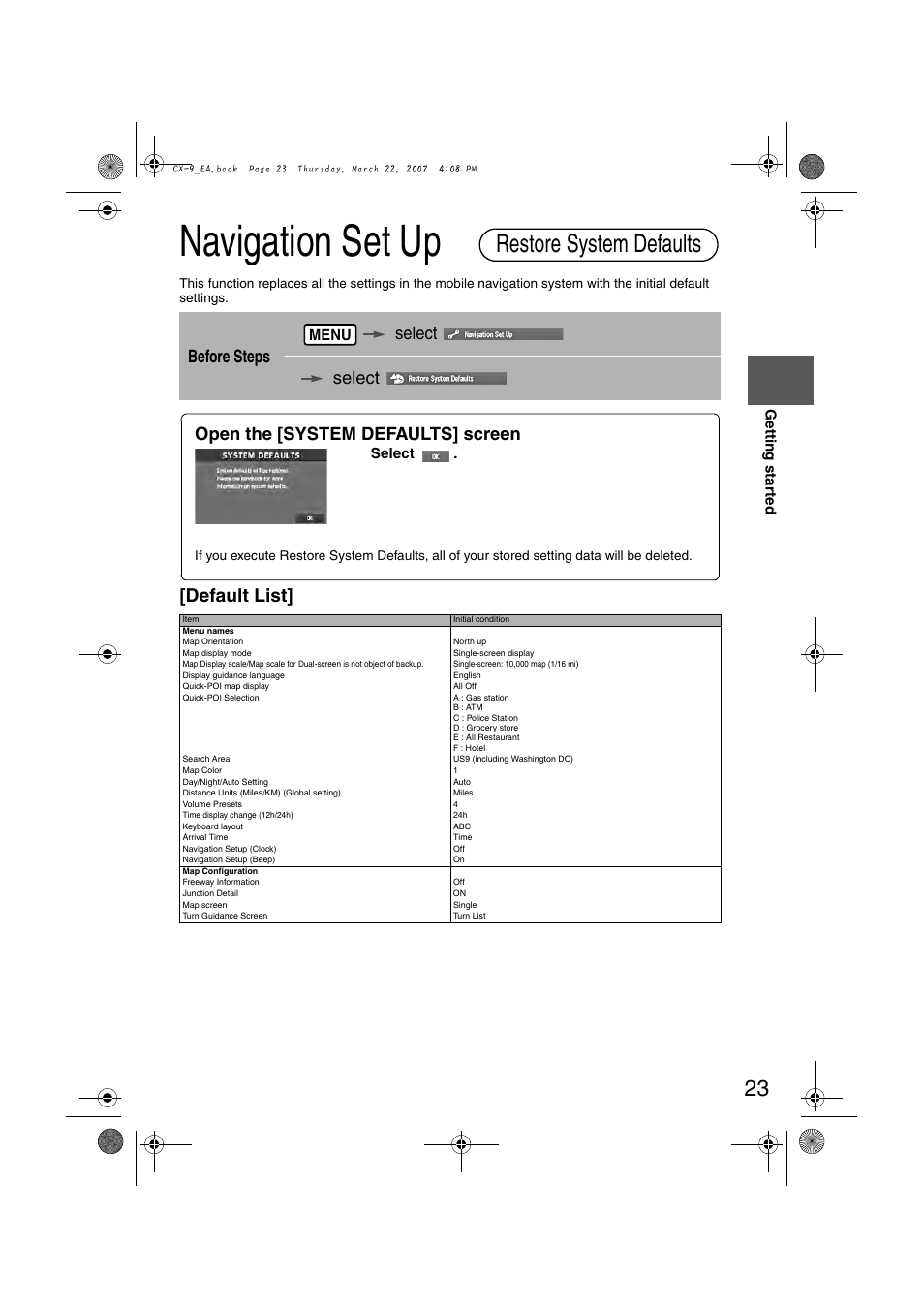 Navigation set up, Restore system defaults, Default list | Before steps select select, Open the [system defaults] screen, Menu, Getting star ted, Select | Mazda 2008 CX-7 User Manual | Page 433 / 502