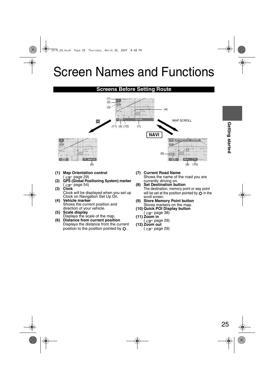 Screen names and functions, Screens before setting route | Mazda 2008 CX-7 User Manual | Page 435 / 502