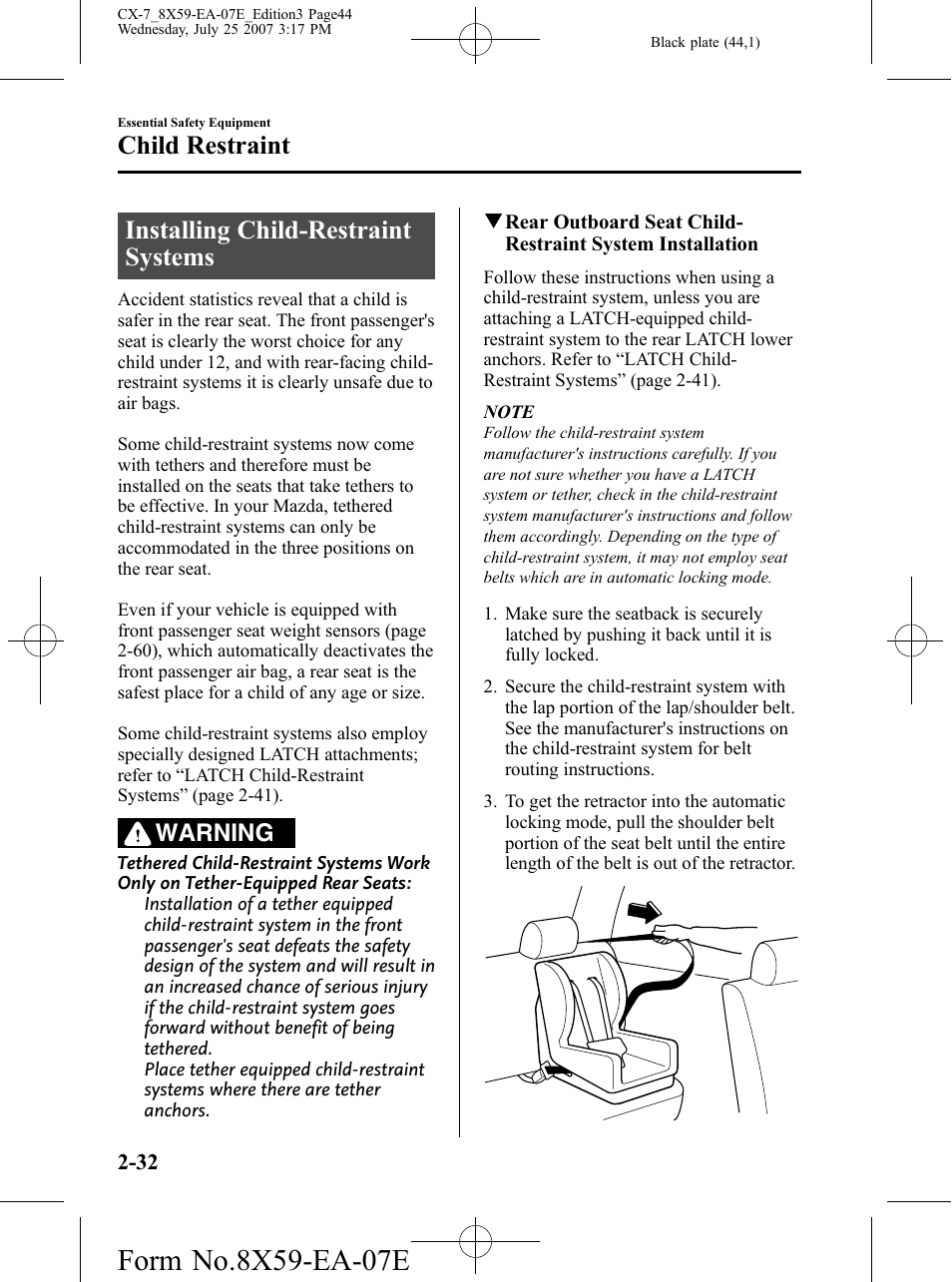Installing child-restraint systems, Installing child-restraint systems -32, Child restraint | Warning | Mazda 2008 CX-7 User Manual | Page 44 / 502