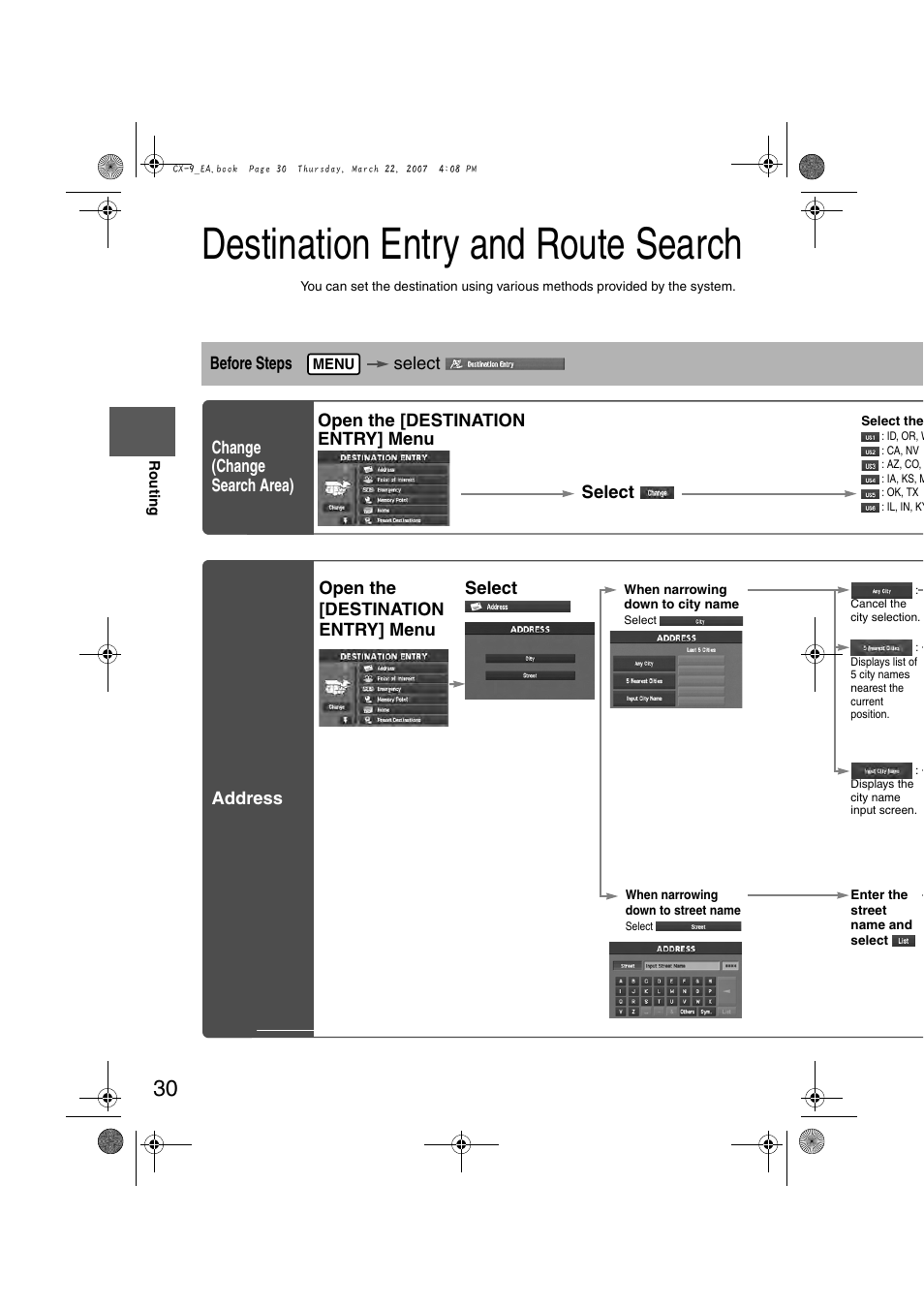 Destination entry and route search, Open the [destination entry] menu select | Mazda 2008 CX-7 User Manual | Page 440 / 502