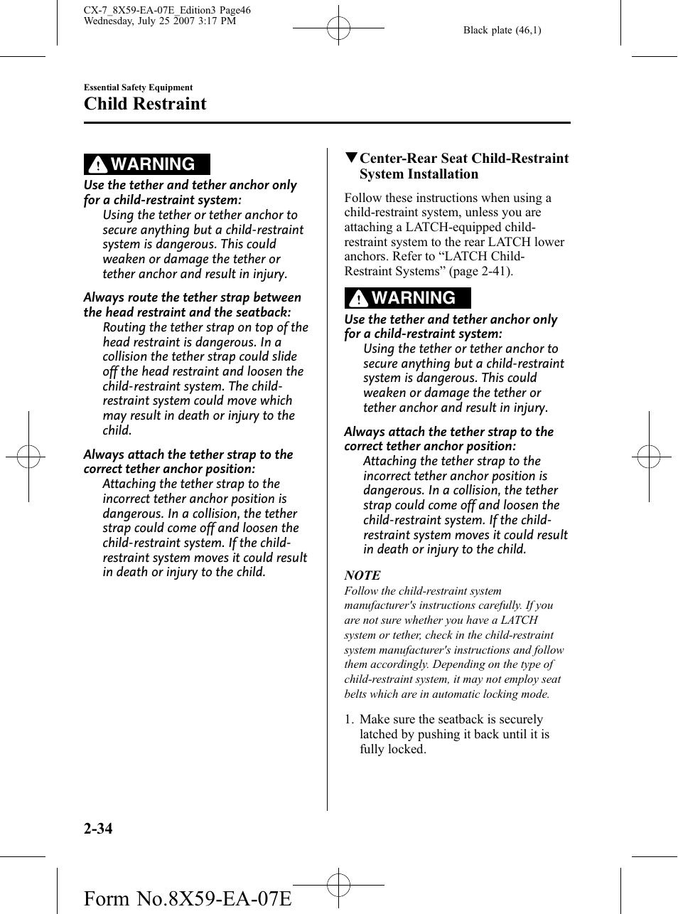 Child restraint, Warning | Mazda 2008 CX-7 User Manual | Page 46 / 502
