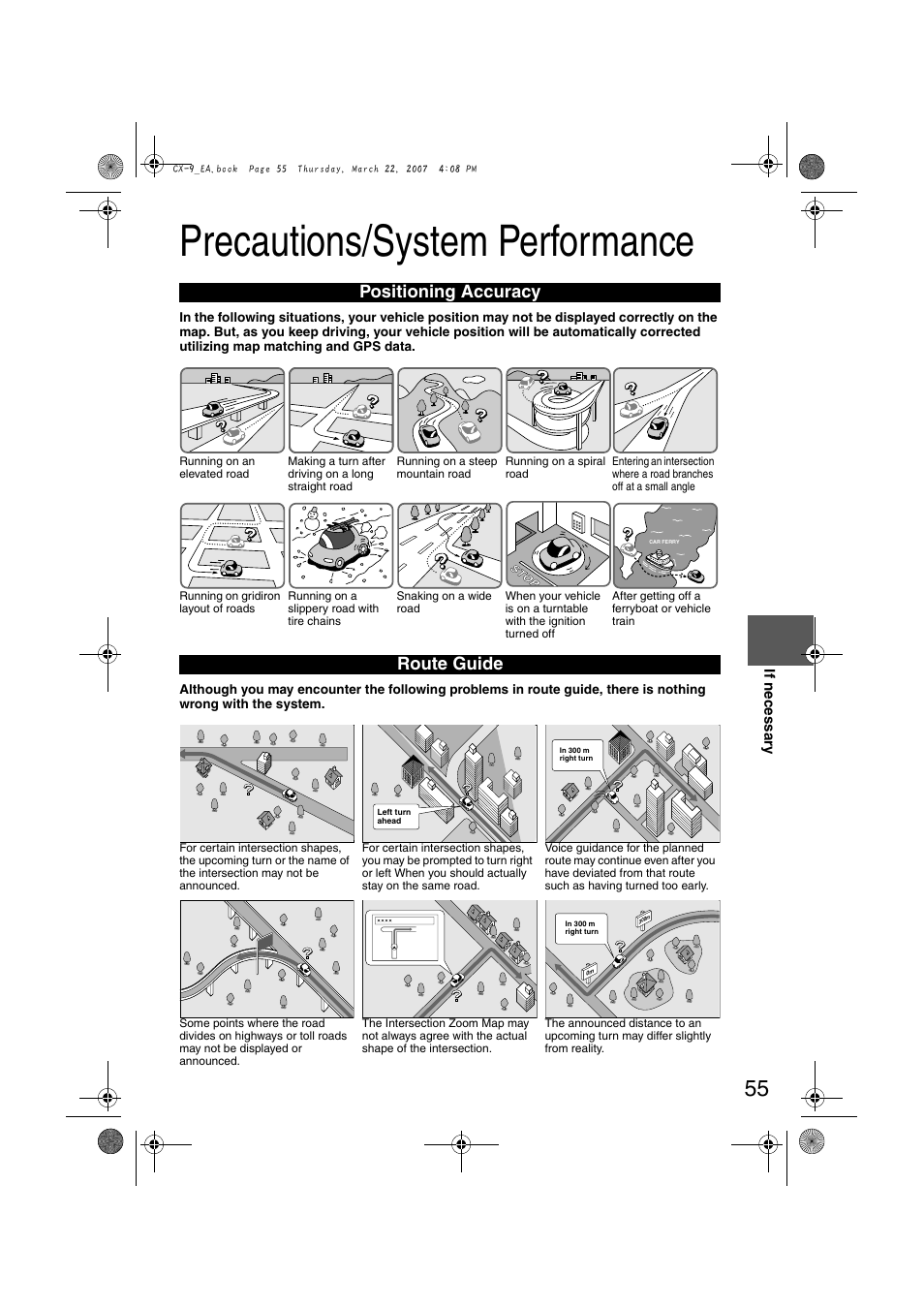 Precautions/system performance, Positioning accuracy, Route guide | Mazda 2008 CX-7 User Manual | Page 465 / 502
