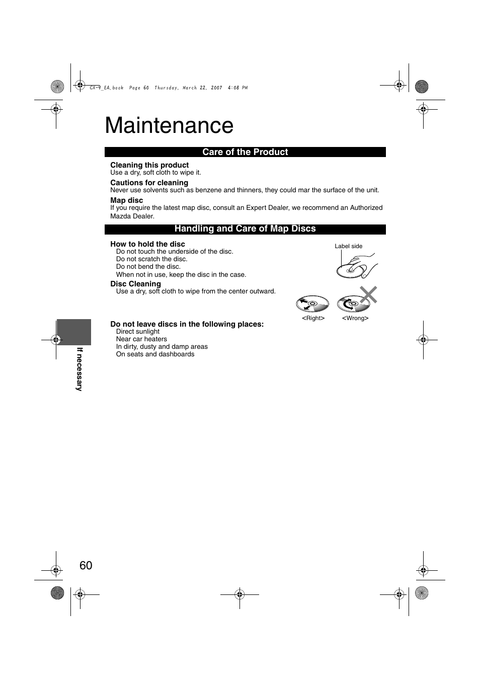 Maintenance, Care of the product handling and care of map discs | Mazda 2008 CX-7 User Manual | Page 470 / 502