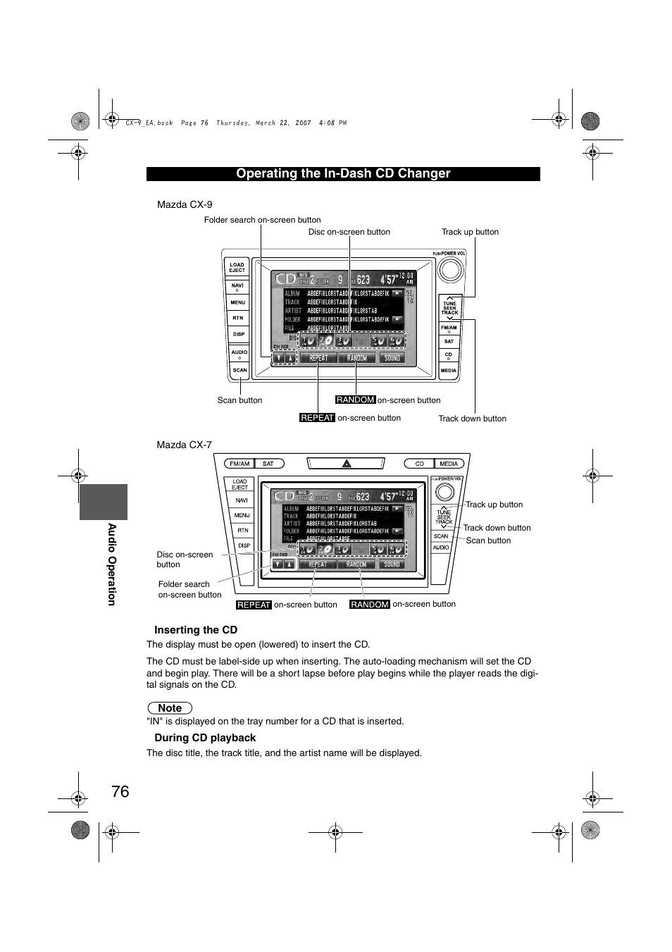 Operating the in-dash cd changer | Mazda 2008 CX-7 User Manual | Page 486 / 502